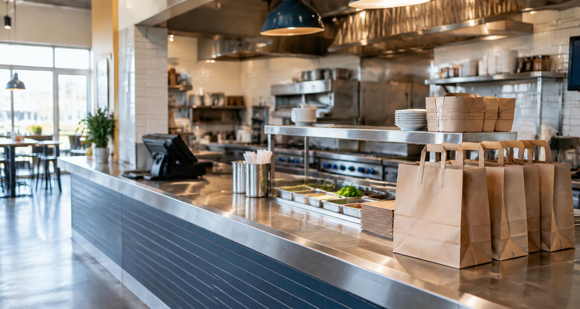 Order pickup counter and kitchen in a quick service restaurant